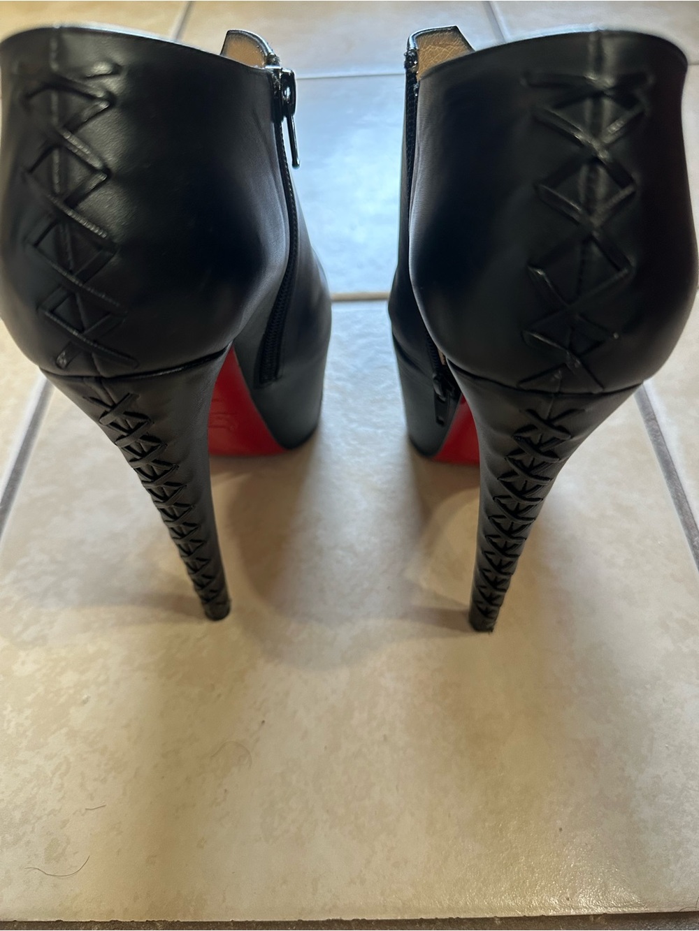 Black Peep-Toe High Heel Booties with Red Sole - Picture 5 of 6